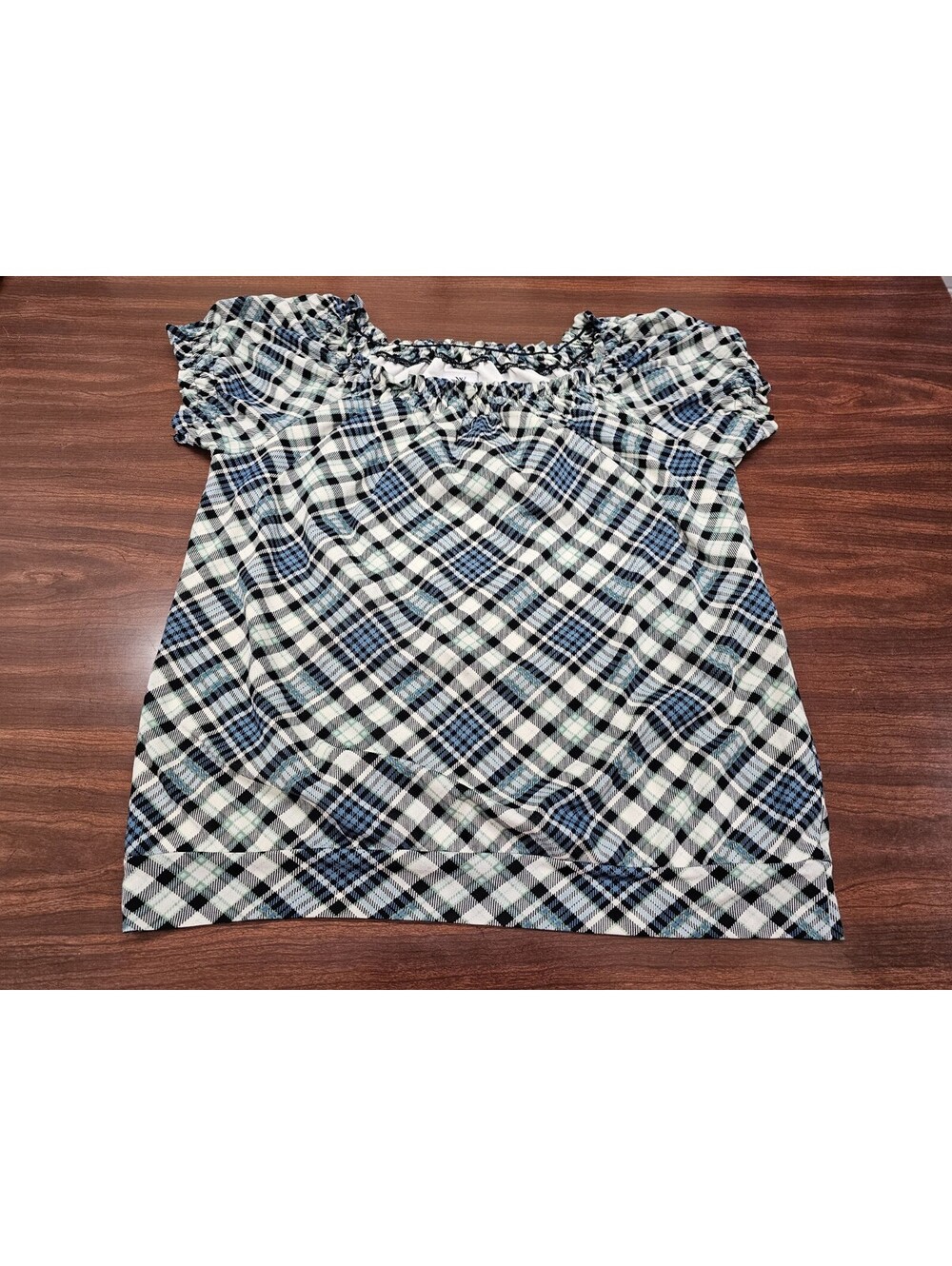 Worthington Women's Blue Plaid Ruffle Off Shoulder Top Size Large Cap Sleeve